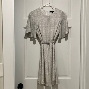 Banana Republic White and Black Midi Dress with Waist Tie and Flutter Sleeves